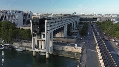 Ministry of Economics and Finance new palace in Bercy, Paris in France. Aerial drone orbiting photo