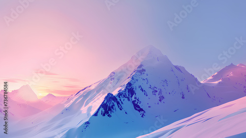 Majestic snow-covered mountains bathed in the warm glow of a sunset with a pastel sky. 