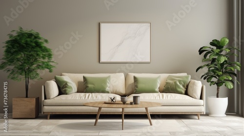 Interior of living room with white sofa and wooden coffee table © MrHamster