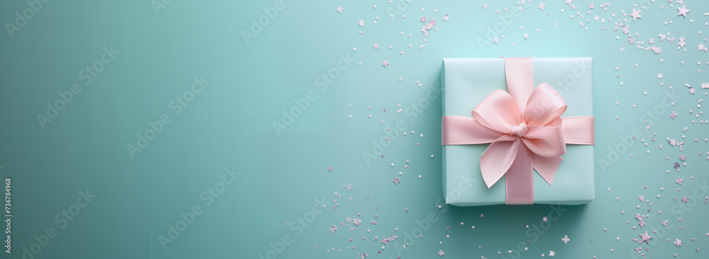 Elegant gift box in pastel colors with pink ribbon on sparkling blue background