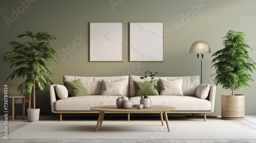 Interior of living room with white sofa and wooden coffee table