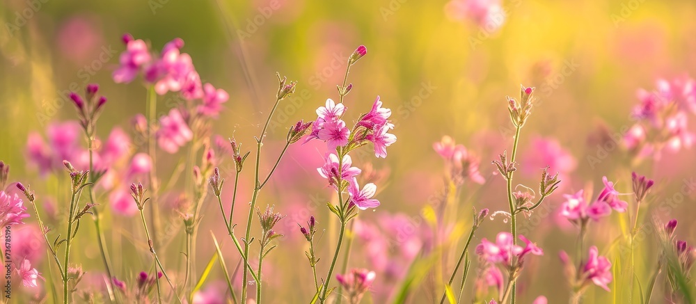 a field of pink flowers with a yellow background High quality