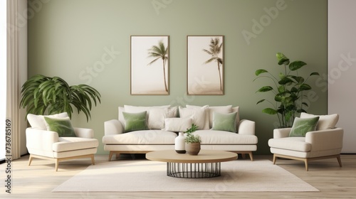 Interior of living room with white sofa and wooden coffee table