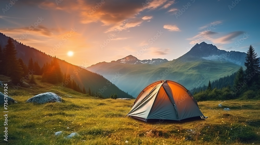 Outdoor_camping_photo._tent_in_the_middle_of_nature sunset backgroundai generated high quality image