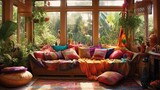 Interior of a living room with colorful cushions on the sofa