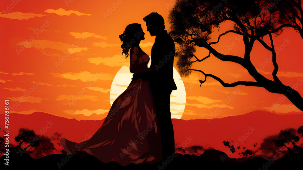 A Love Story Unfolds: Bride and Groom's Silhouette Illuminated by the Shimmering Sunset