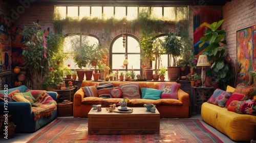 Interior design of a living room with colorful sofa and cushions © MrHamster