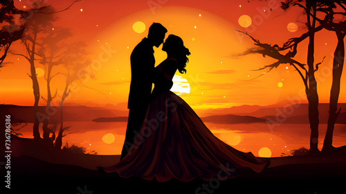 Romantic Twilight: Newlywed Couple's Silhouette Amidst the Radiant Glow of Sunset