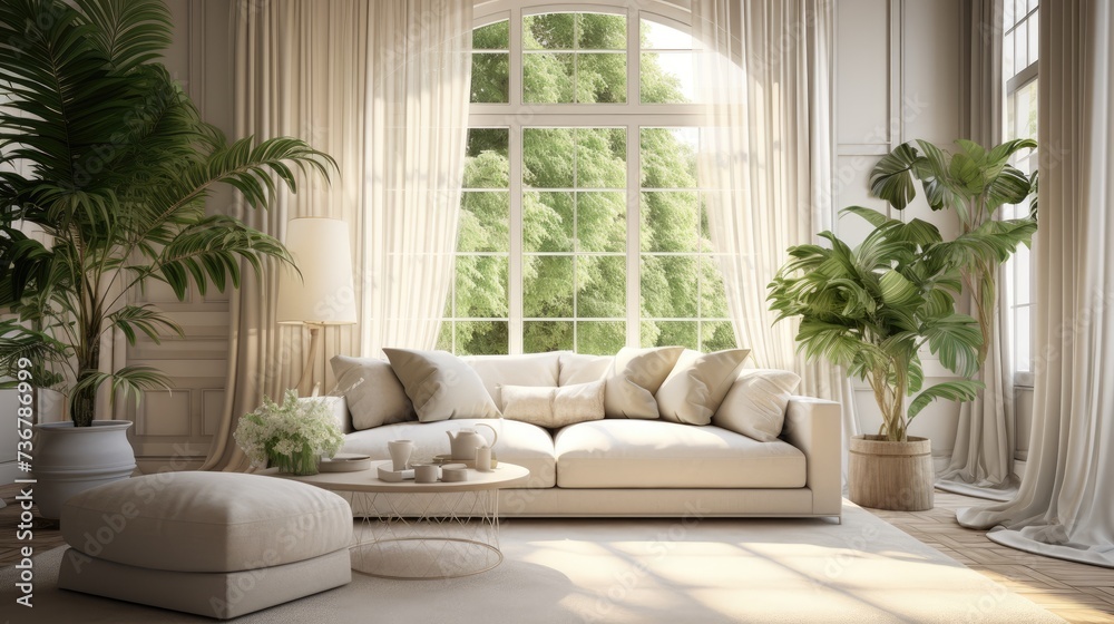 Living room interior with large window, sofa and plants. Living room interior with large window, sofa and plants.