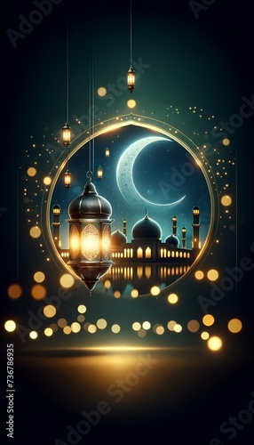 Illustration of card for ramadan with glowing lights and copy space.