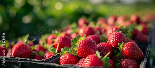 A bunch of seedless Virginia strawberries are placed in a basket amidst a field of grass. These delicious berries are natural foods packed with nutrients photo