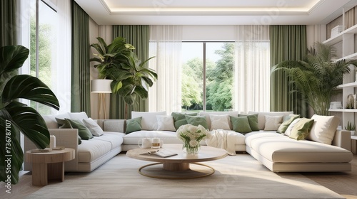 Living room interior with large window, sofa and plants. © MrHamster