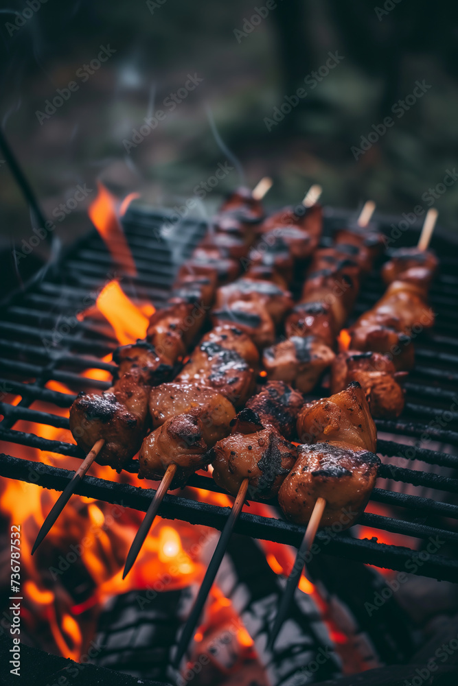 Skewered meat grilled on a charcoal barbeque stove Skewered meat grilled on a charcoal barbeque stove