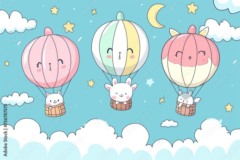 Cartoon cute doodles of hot air balloons floating in the sky, carrying cute animal passengers and spreading joy, Generative AI