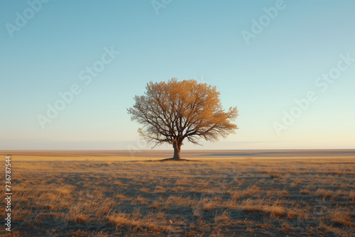 A solitary tree in the middle of an expansive field under a clear sky