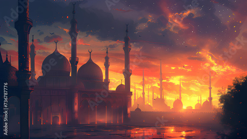 Silhouette of the mosque at sunset. Ramadan background 
