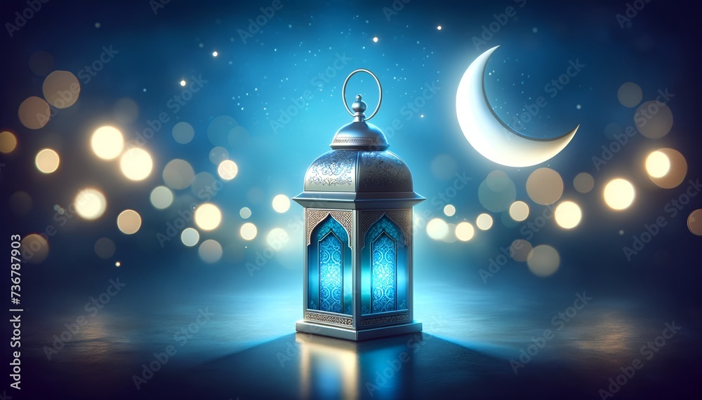 Illustration for ramadan with a lantern in focus against a bokeh lights with a crescent moon on blue background. Illustration for ramadan with a lantern in focus against a bokeh lights with a crescent moon on blue background.