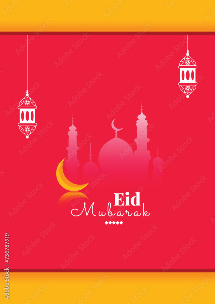 Eid mubarak wishes or greeting, poster, or flyer, design with mosque, and lantern, yellow, pink, Islamic background eid al fitr social media wishing poster or banner and a4 design vector illustration Eid mubarak wishes or greeting, poster, or flyer, design with mosque, and lantern, yellow, pink, Islamic background eid al fitr social media wishing poster or banner and a4 design vector illustration