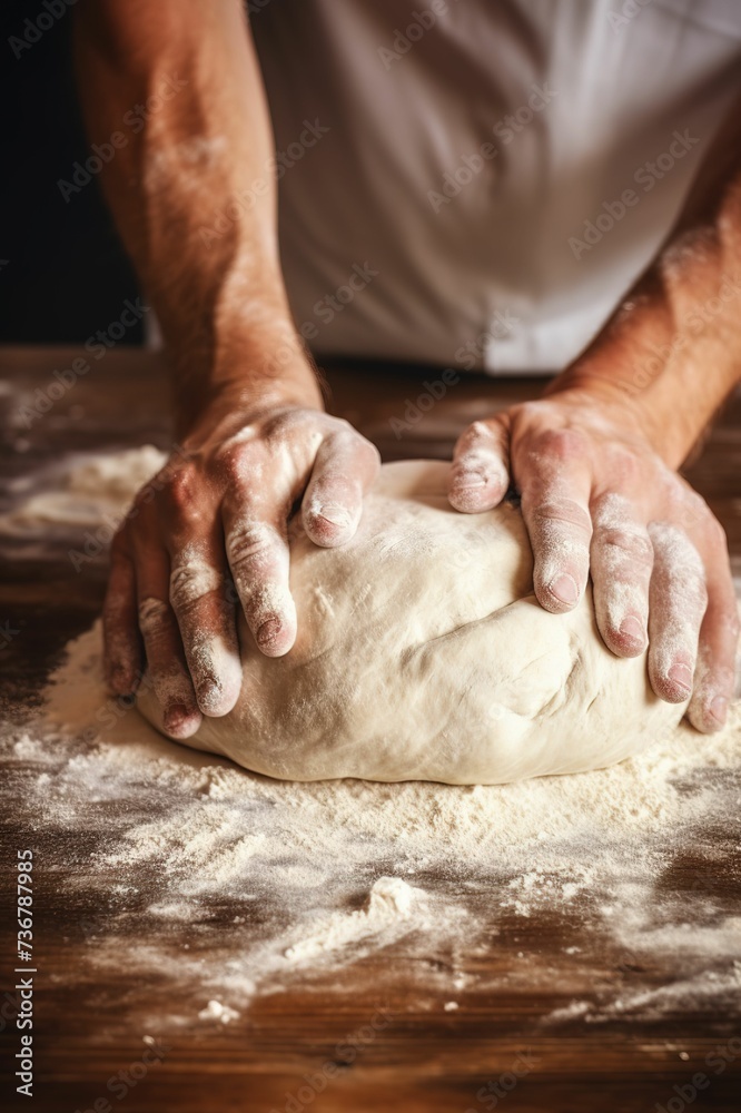 person kneading dough on table，dough with hands, close-up of making pasta, restaurant advertising, handmade pasta, supermarket advertising, people making bread