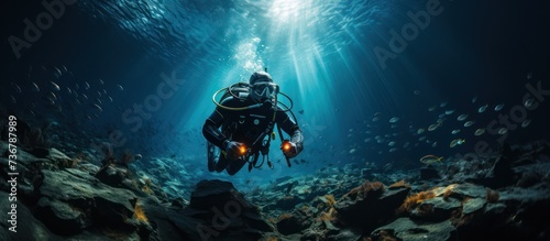 a diver with full scuba equipment performs in the deep blue sea photo