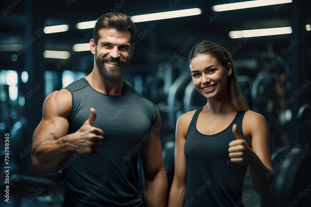 Fitness man and woman giving thumbs up in the gym, healthy life, gym advertising