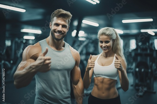 Fitness man and woman giving thumbs up in the gym, healthy life, gym advertising