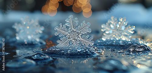 Closeup of a snowflake landing on a surface resembling the delicate footwork of the whirling dervishes in a flurry. photo