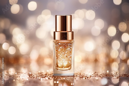 serum cosmetic  luxury bottle on white mirror background  . Design for a moisturizing cream and serum. Concept of vitamins for beauty and heal. 