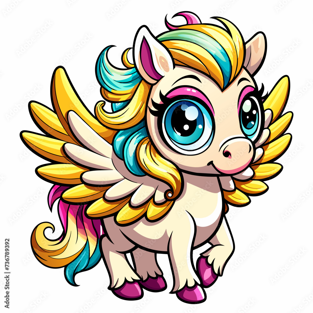Fototapeta premium pegasus, cute, style , Big eye, art 90 style, white background