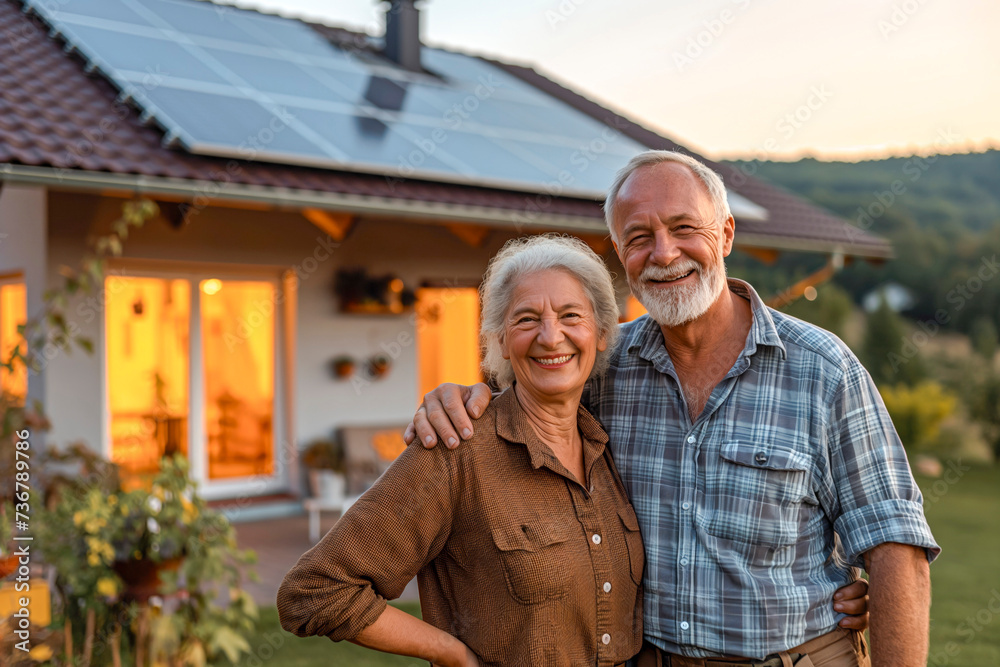 Smiling elderly couple standing in front of their home with solar panels on the roof in the evening - obrazy, fototapety, plakaty 