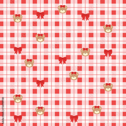 Red square plaid with bear and red ribbon pattern for background, animal wallpaper, backdrop, pet clothes, fabric print, gift wrap, packaging, duvet, textile, pet cloth, garment, kid pattern, pyjamas