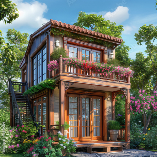 Tiny two floor timber frame house with double front doors and terrace with chinese theme design with canopy surrounded by chestnut trees and flowers