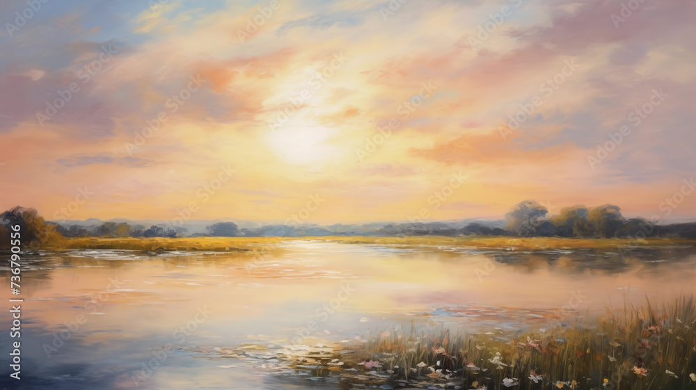 background of river painting with clouds by the horizon