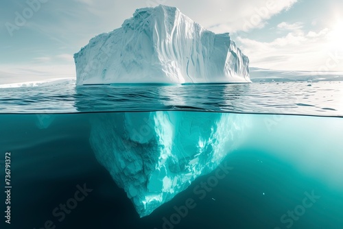 Half-submerged white iceberg in ocean.