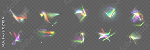 Set of colorful vector lenses and light flares with transparent effects. Iridescent crystal leak glare reflection effect. Optical rainbow lights  glare  leak  streak overlay.
