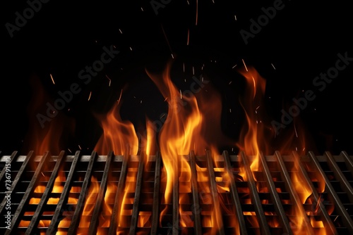 Grill grate with flames on black background