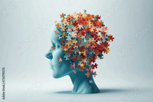 Illustration of a human head formed by pieces of coloful puzzle as a brain. Concept of psychology, mental health, Alzheimer's, dementia, autism, brain problem