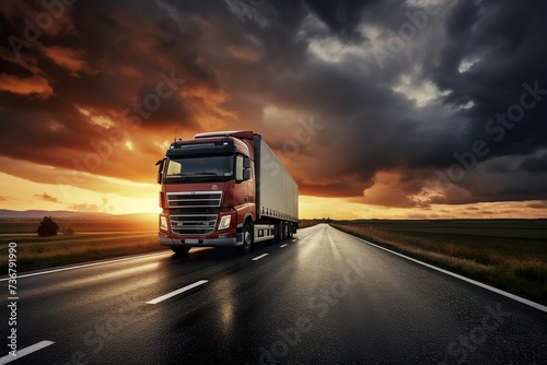 Truck driving on the highway at sunset, trucking advertising, trucking logistics transportation