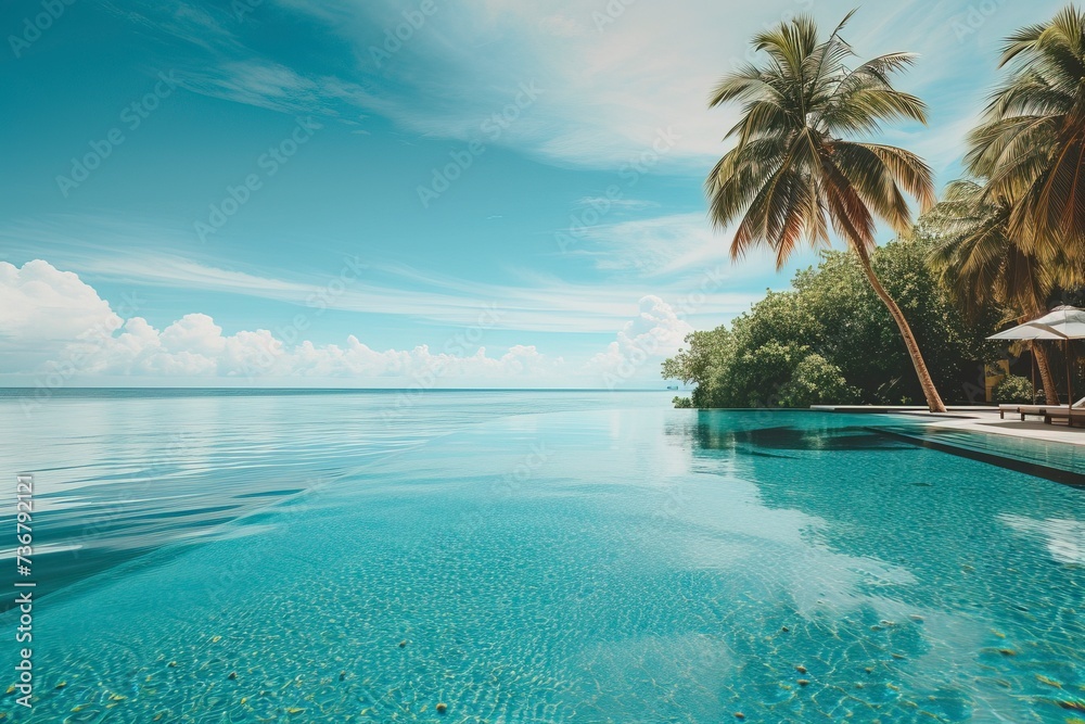 Fototapeta premium Luxury panoramic view at exotic resort on turquoise seascape background.