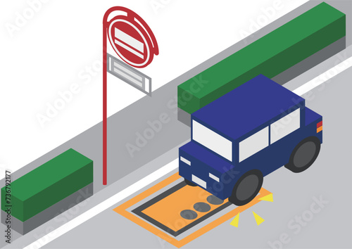 アイソメトリックな消火栓のあるところに駐車している車のイメージ素材