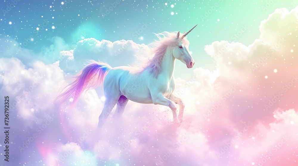 Holographic fantasy rainbow unicorn background with clouds and stars. Pastel color sky. Holographic fantasy rainbow unicorn background with clouds and stars. Pastel color sky.