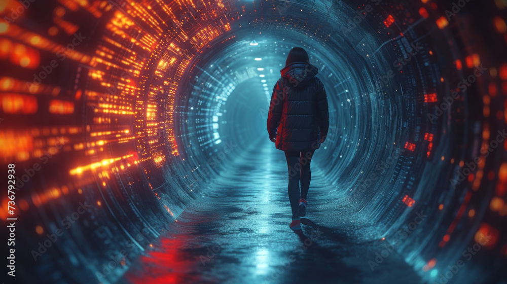 A dynamic image showing a person walking through a digital tunnel with words and numbers flying past them. The words represent different banking services and the numbers represent A dynamic image showing a person walking through a digital tunnel with words and numbers flying past them. The words represent different banking services and the numbers represent