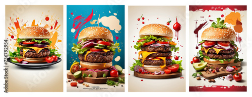 Vector art posters of a burger and grilled meat restaurant invites viewers to enjoy delicious flavors and exciting sensations, surrounded by delicious grilled meats, fresh ingredients and spices