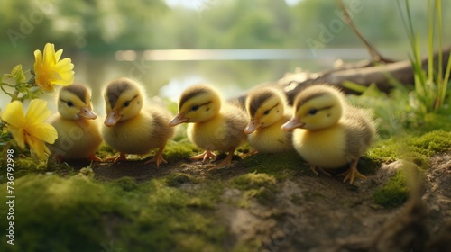 A group of small fluffy ducklings in a green meadow with flowers.