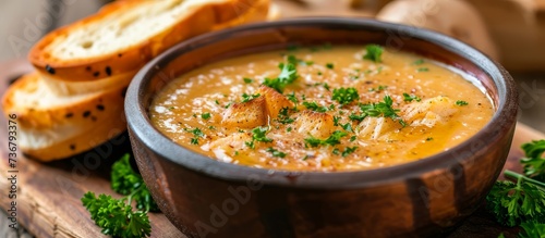 A bowl of brandade soup garnished with fines herbes, served with fresh bread on a wooden cutting board. A delicious and hearty meal made with a mix of vegetable and meat ingredients © 2rogan