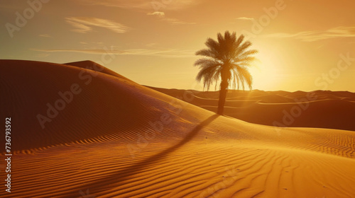 The tranquil silhouette of a desert oasis a a backdrop of backlit dunes.