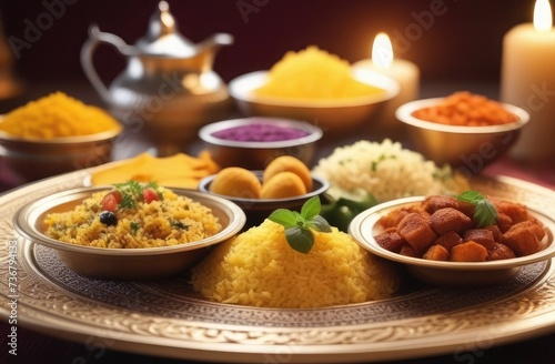 Ramadan kareem Iftar table with assorted traditional Arab dishes