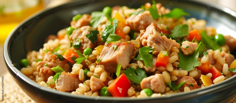 a bowl of rice with meat and vegetables on a table . High quality a bowl of rice with meat and vegetables on a table . High quality