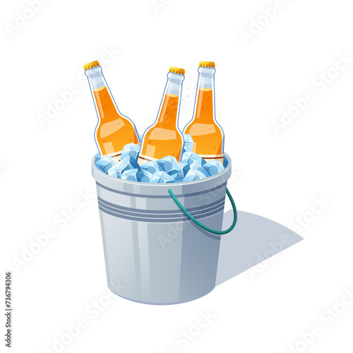Beer bottles in a metal bucket with ice cubes vector isolated.