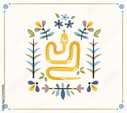 Folk ready to use vector print in Scandinavian style, hygge isolated design on white. Composition with mirrored symmetrical snakes and flowers. The scandi folk floral motif